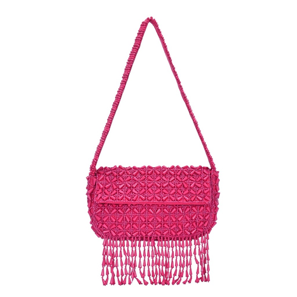 Fuchsia Pink Beaded Fringe Shoulder Bag